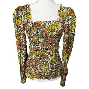 Anthropologie‎ Smocked Floral Print Top Size Small Peasant Boho Cottage Retro